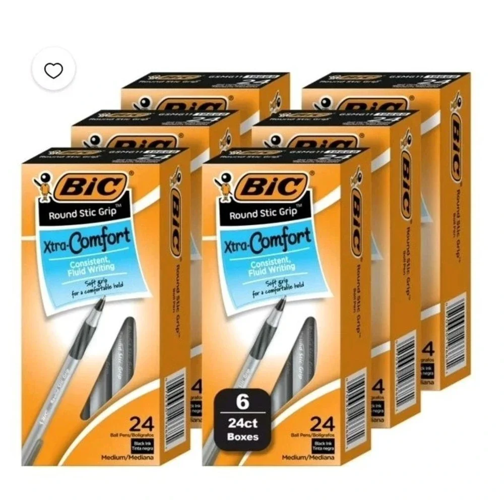 Lot of 144 (6 24-Packs) BiC Round Stic Grip Xtra-Comfort Ball Pens Black Ink NEW